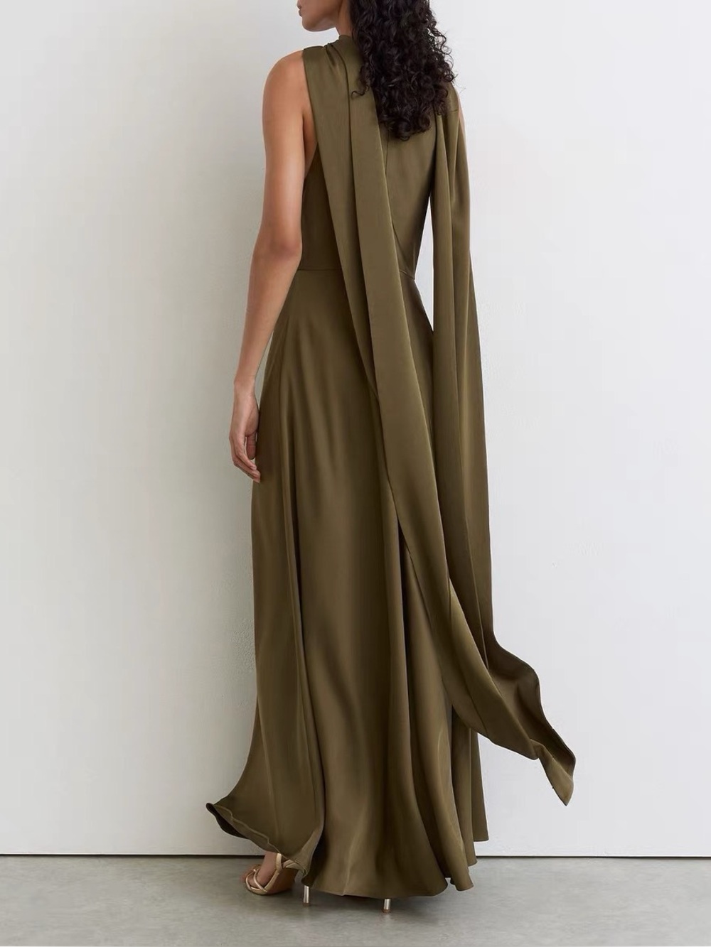 Reiss Satin Maxi Dress With Cape Detail - Khaki Green, US8 2P 6P - Picture 3 of 10